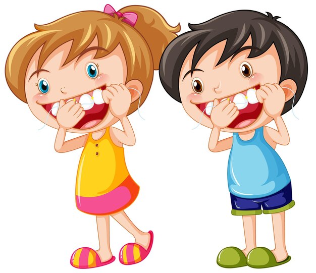 Lindo personaje de dibujos animados de niños usar hilo dental
