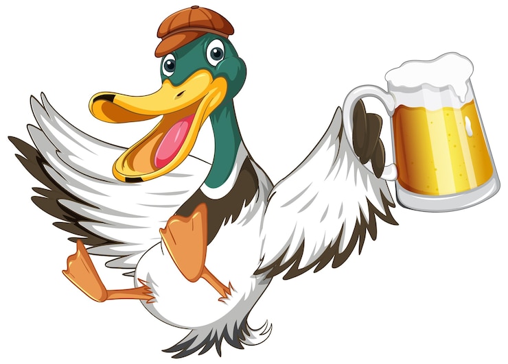 Vector gratuito lindo personaje de dibujos animados de pato sosteniendo una jarra de cerveza