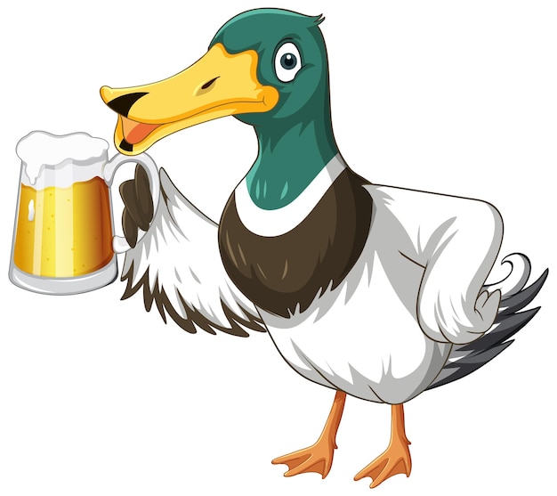 Vector gratuito lindo personaje de dibujos animados de pato sosteniendo una jarra de cerveza