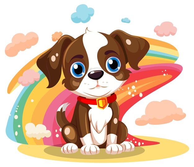 Lindo personaje de dibujos animados de perro con arco iris aislado
