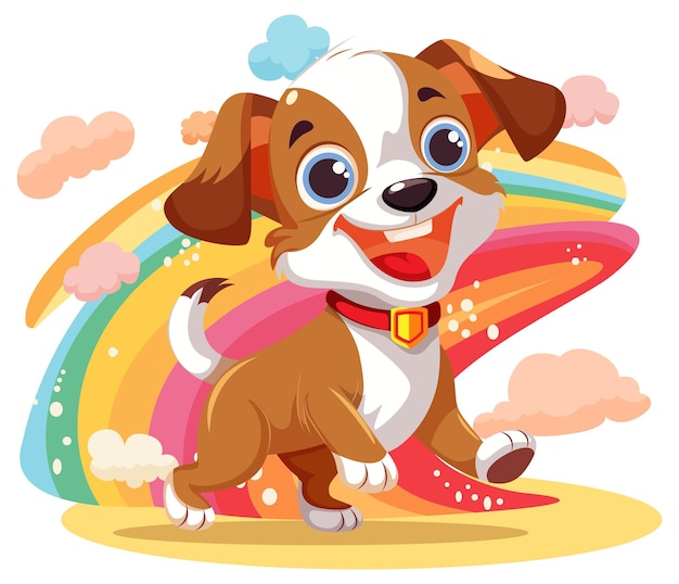 Vector gratuito lindo personaje de dibujos animados de perro con arco iris aislado