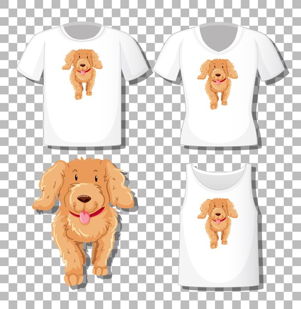 Lindo personaje de dibujos animados de perro con un conjunto de diferentes camisetas aislado sobre fondo blanco.