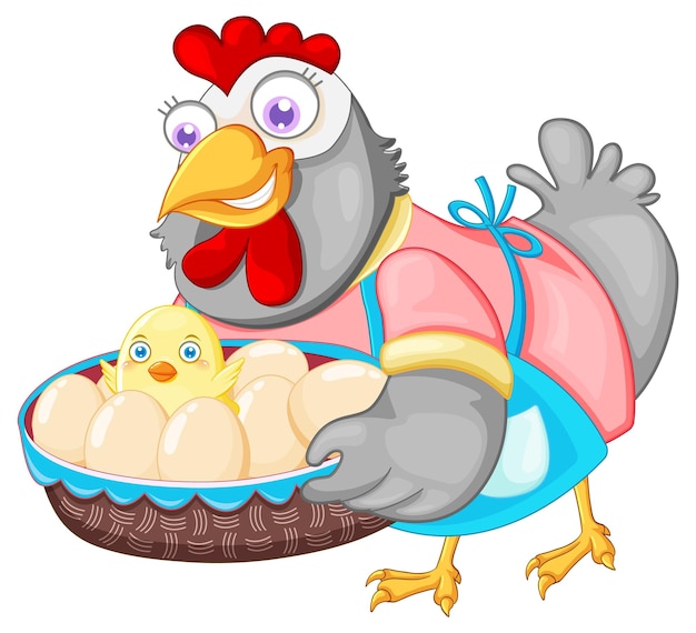 Vector gratuito lindo personaje de dibujos animados de pollo sosteniendo una canasta de huevos y chic