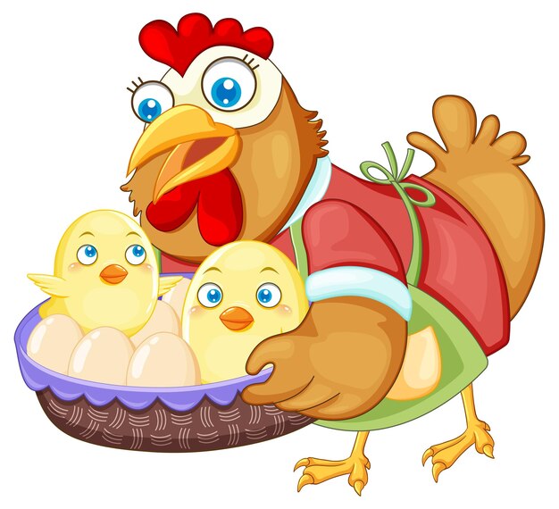 Lindo personaje de dibujos animados de pollo sosteniendo una canasta de huevos y chic