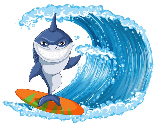 Lindo personaje de dibujos animados de tiburón surf