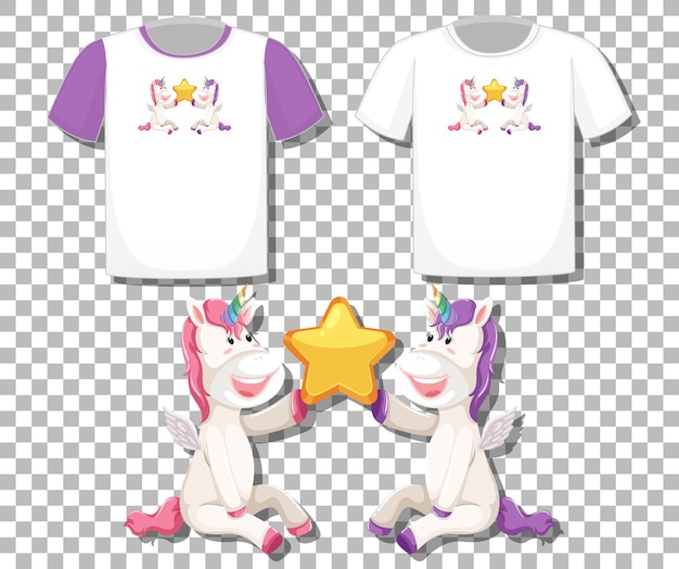 Vector gratuito lindo personaje de dibujos animados de unicornio con un conjunto de diferentes camisas aislado en transparente