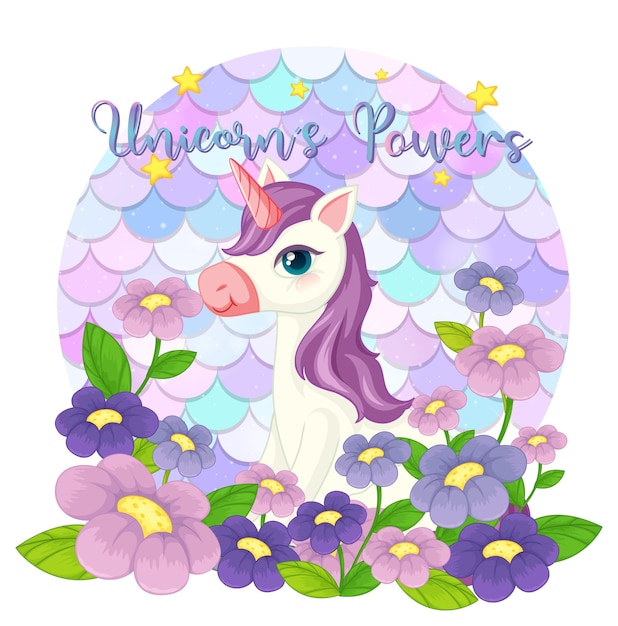 Vector gratuito lindo personaje de dibujos animados de unicornio sobre escamas pastel aislado