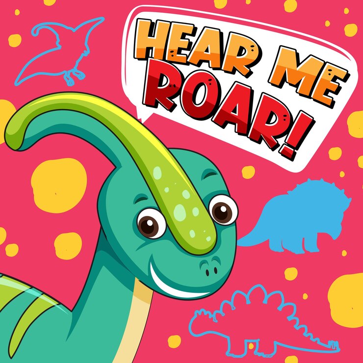 Vector gratuito lindo personaje de dinosaurio con diseño de fuente para word hear me roar