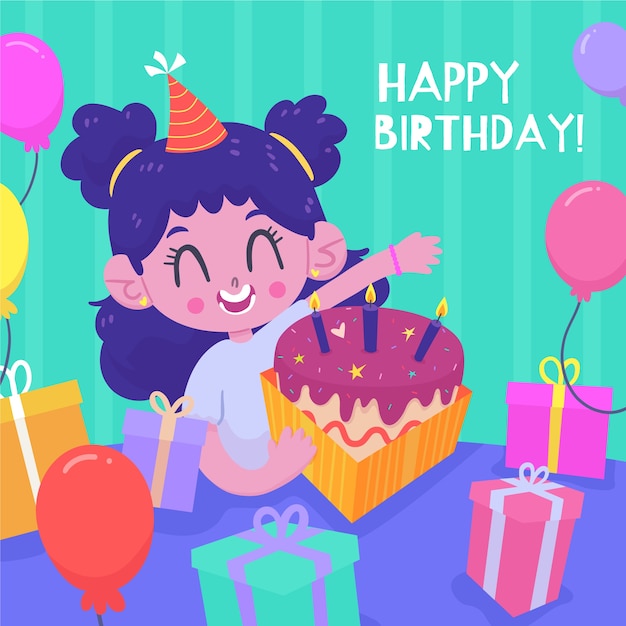 Vector gratuito lindo personaje feliz cumpleaños con pastel