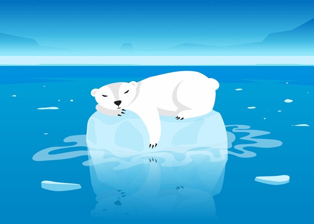 Lindo personaje de oso polar durmiendo en un glaciar flotante en el océano. Mamífero ártico blanco acostado sobre un pequeño iceberg en la ilustración de dibujos animados de mar abierto