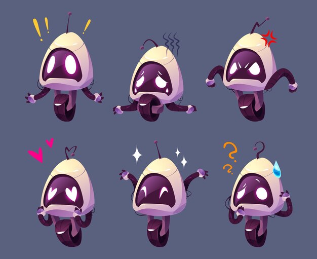 Lindo personaje de robot ai conjunto de dibujos animados futurista Diseño de mascota de inteligencia artificial con expresión de emociones Aislado enojado sorprendido cansado y feliz cara cyber bot compañero clipart para juego