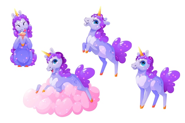 Lindo personaje de unicornio en diferentes poses.