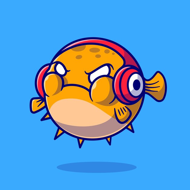 Lindo pez globo enojado y con auriculares de dibujos animados Vector icono ilustración. Concepto de icono de tecnología animal aislado Vector Premium. Estilo de dibujos animados plana