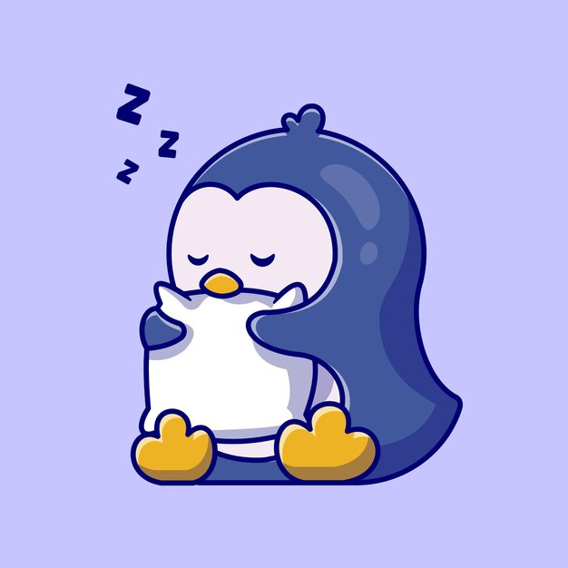 Lindo pingüino durmiendo abrazo almohada dibujos animados