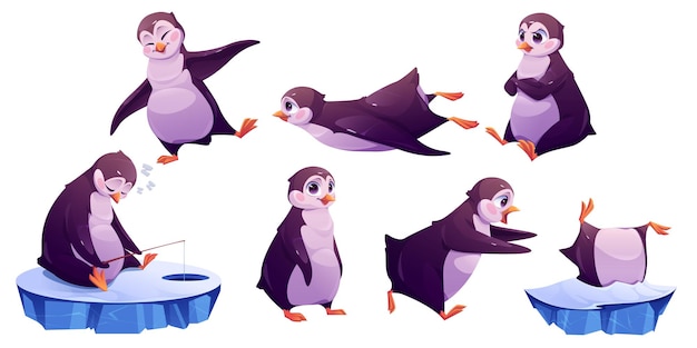 Vector gratuito lindo pingüino personaje de dibujos animados aislado animal conjunto