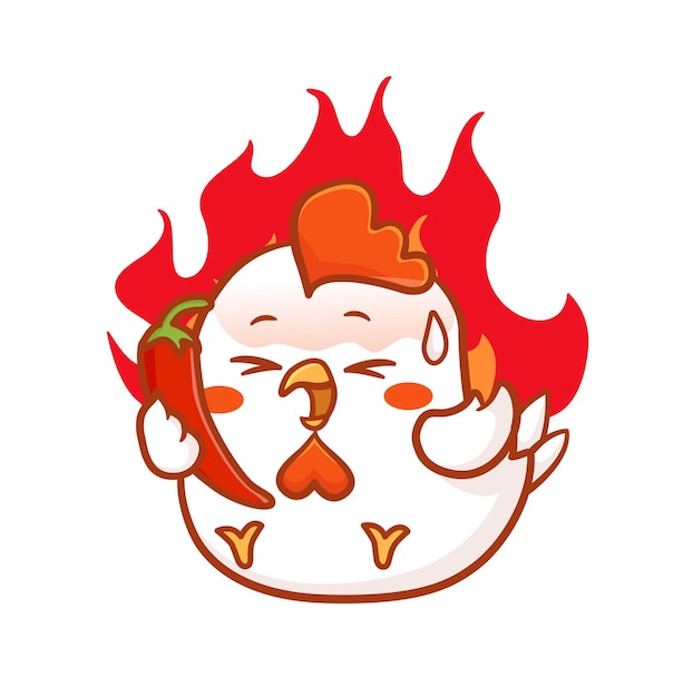 Lindo pollo con cara de picante comiendo un alto nivel de comida picante e ilustración de fuego ardiente Vector Premium 