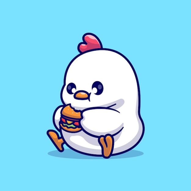 Lindo Pollo Comiendo Hamburguesa Dibujos Animados Vector Icono Ilustración Comida Animal Icono Concepto Aislado Plano