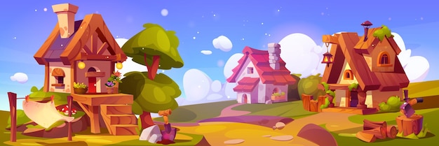 Lindo pueblo de cuentos de hadas con casa en la carretera de dibujos animados