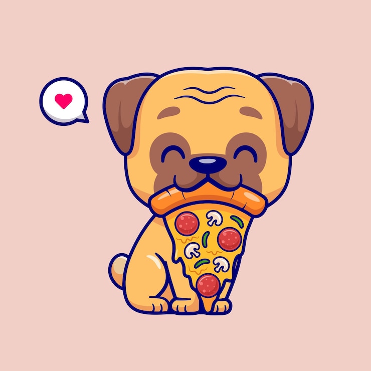 Vector gratuito lindo pug perro comiendo pizza dibujos animados vector icono ilustración comida animal icono concepto aislado plano