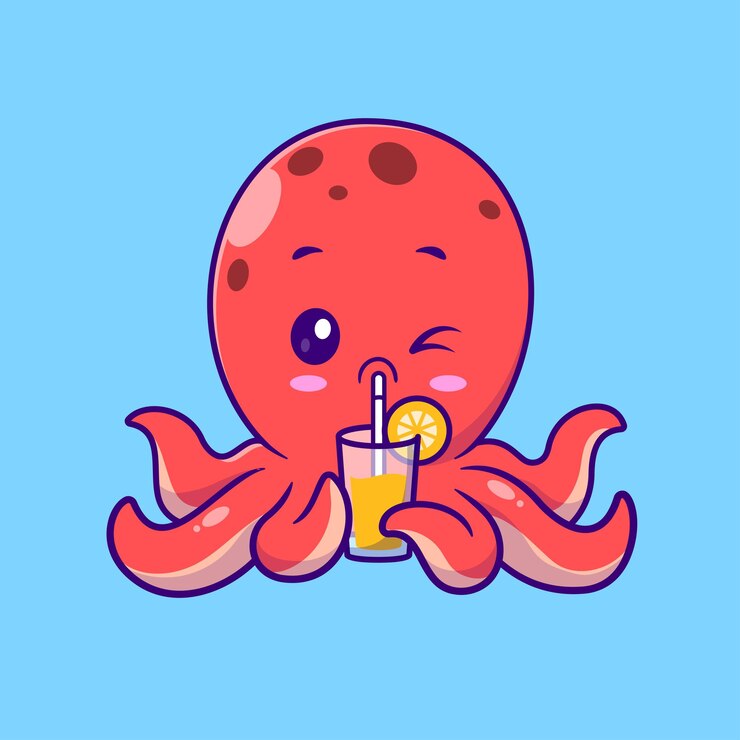 Vector gratuito lindo pulpo beber jugo de naranja vector de dibujos animados icono ilustración de animales beber vector plano aislado