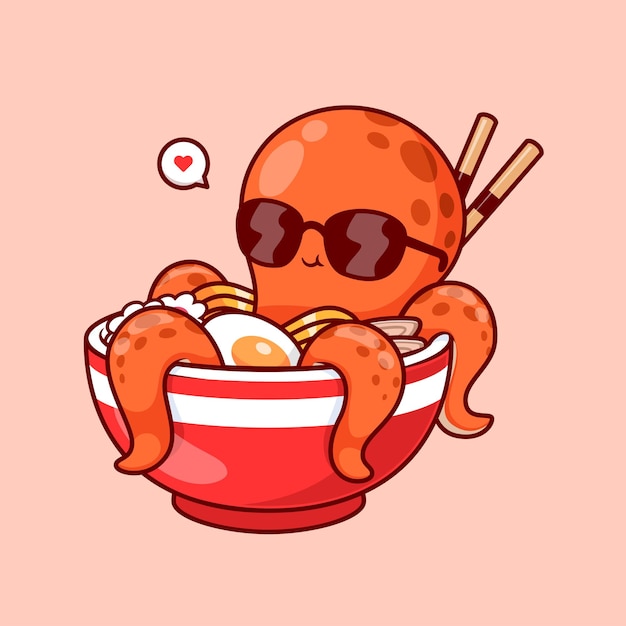 Vector gratuito lindo pulpo escalofrío en ramen fideos dibujos animados vector icono ilustración animal alimento icono aislado plano