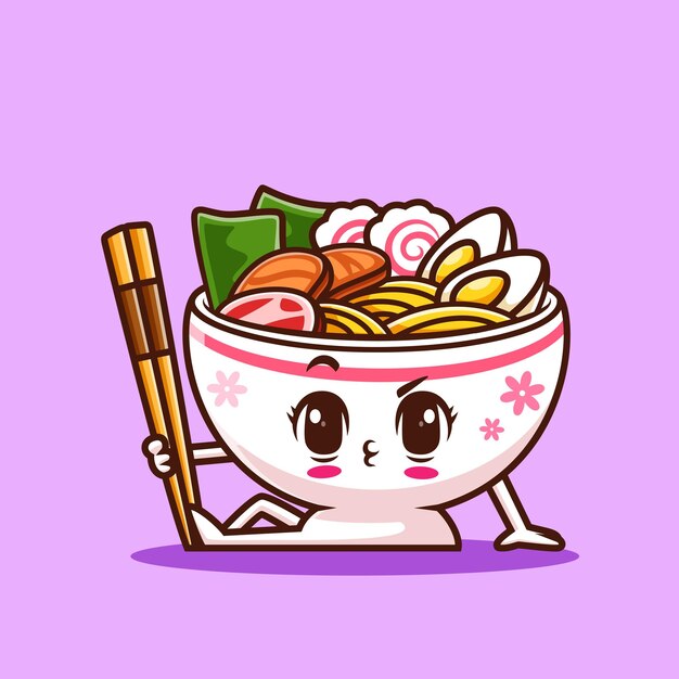 Lindo Ramen Noodle Girl Bowl con Chopstick Icon de dibujos animados Vector Ilustración de comida Vacaciones aisladas