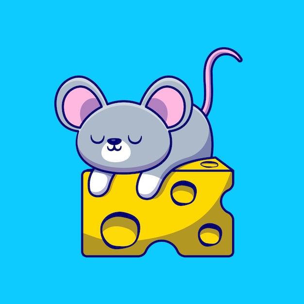 Lindo ratón durmiendo en la ilustración de dibujos animados de queso. Concepto de comida animal aislado plano de dibujos animados