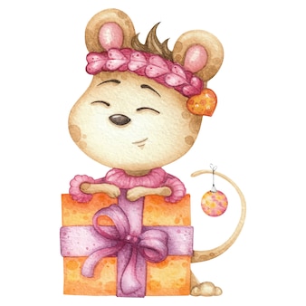 Lindo ratón con gran caja de regalo. ilustración acuarela para navidad o cumpleaños
