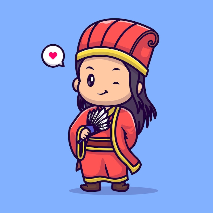 Vector gratuito lindo rey japón sosteniendo fan cartoon vector icono ilustración. concepto de icono de vacaciones de personas aislado