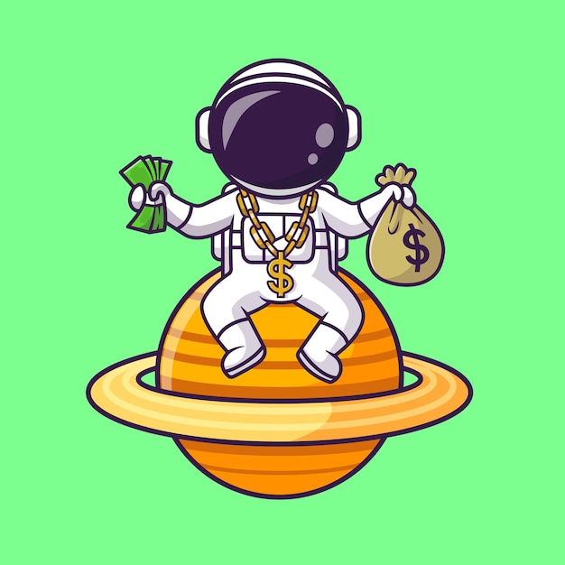 Lindo rico astronauta en el planeta con dinero cartoon vector icono ilustración ciencia negocio aislado