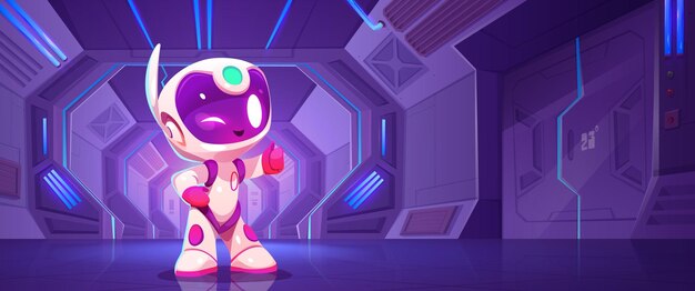 Lindo robot astronauta parado en la sala de naves espaciales
