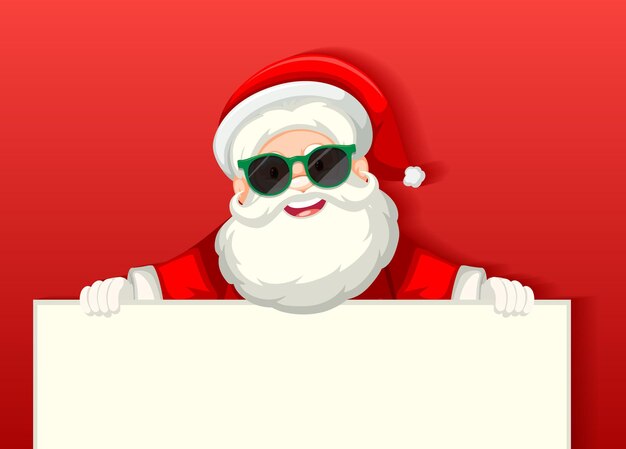 Lindo Santa Claus con gafas de sol personaje de dibujos animados sosteniendo pancartas en blanco sobre fondo rojo.