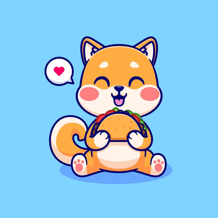 Vector gratuito lindo shiba inu perro comiendo taco icono vectorial de dibujos animados ilustración icono de comida para animales aislado plano