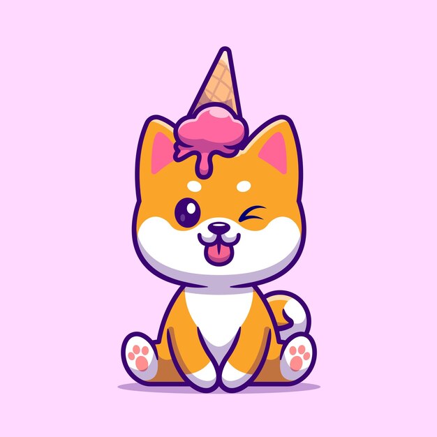 Lindo Shiba Inu Perro Con Cono De Helado Dibujos Animados Vector Icono Ilustración Comida Animal Aislado Plano