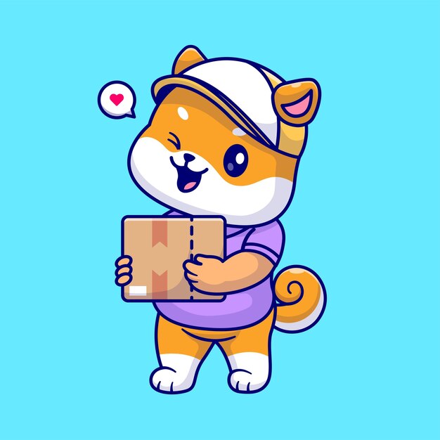 Lindo Shiba Inu Perro Courier Paquete de envío Dibujos animados Vector Icono Ilustración Animal Profesión Icono