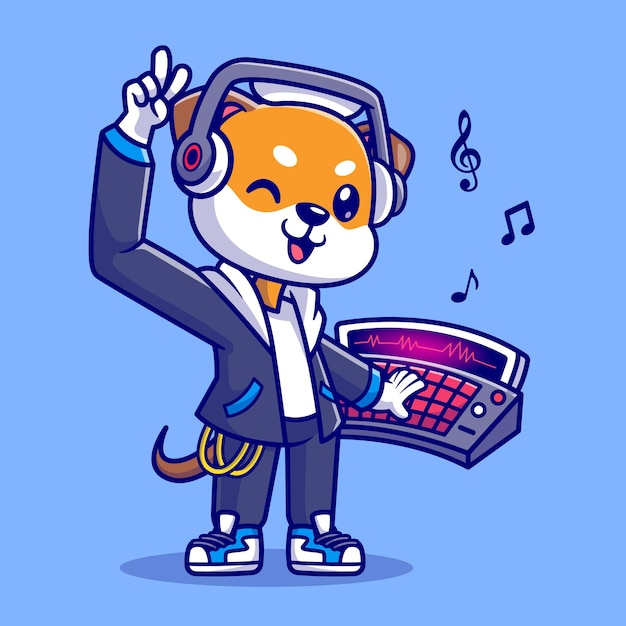 Lindo shiba inu perro dj tocando música dibujos animados vector icono ilustración animal música icono aislado