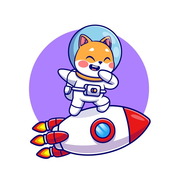 Lindo Shiba Inu Perro montando cohete con Dabbing dibujos animados icono vectorial Ilustración Ciencia Animal plano