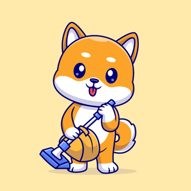 Vector gratuito lindo shiba inu perro que sostiene la aspiradora de dibujos animados icono vectorial ilustración tecnología animal plano
