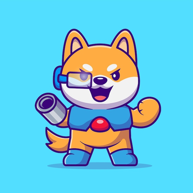 Vector gratuito lindo shiba inu perro robot sosteniendo pistola dibujos animados vector icono ilustración animal tecnología aislada