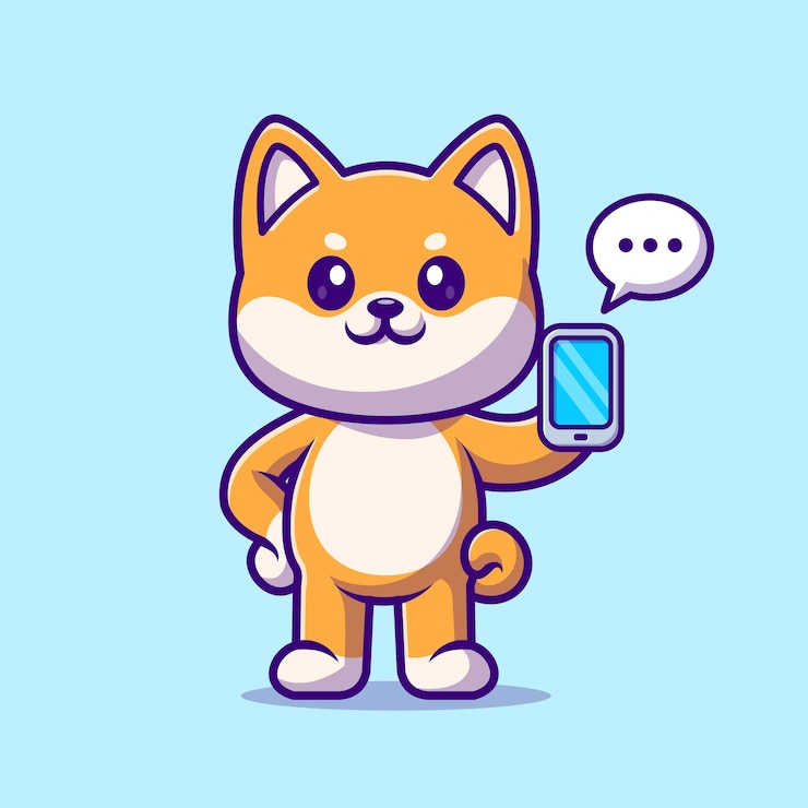 Vector gratuito lindo shiba inu perro sosteniendo teléfono dibujos animados vector icono ilustración. tecnología animal aislado plano