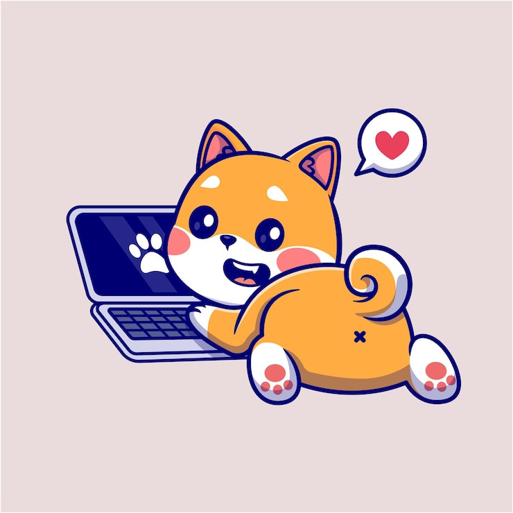 Vector gratuito lindo shiba inu perro trabajando en laptop dibujos animados vector icono ilustración animal tecnología aislada