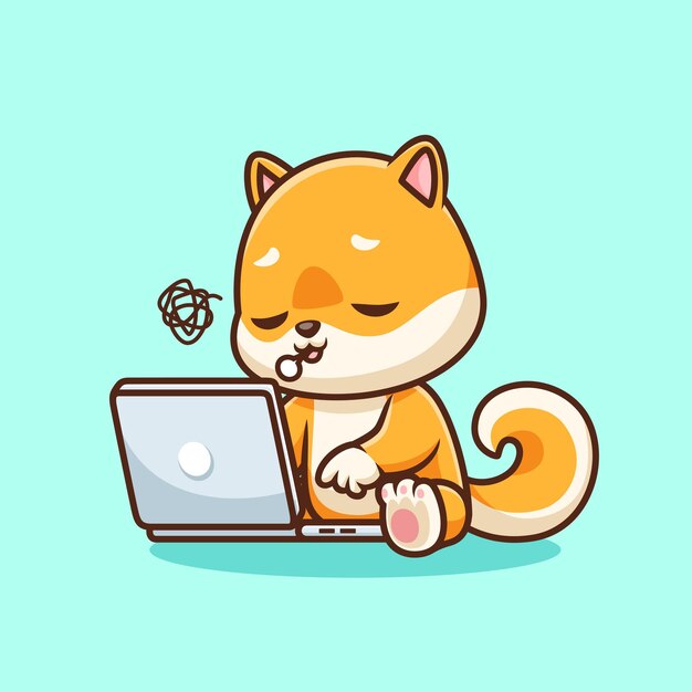Lindo Shiba Inu Perro Trabajando En Laptop Dibujos Animados Vector Icono Ilustración Animal Tecnología Aislada