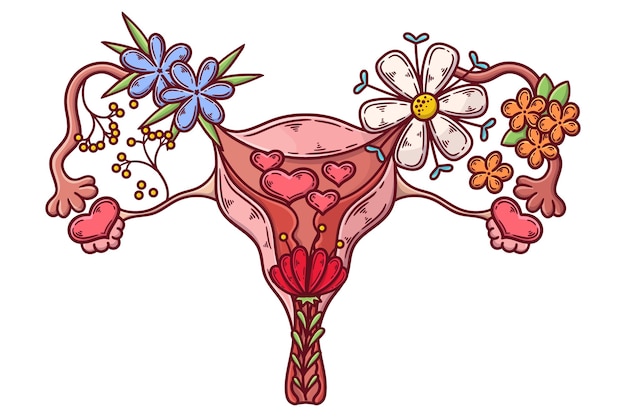 Lindo sistema reproductor femenino con flores.
