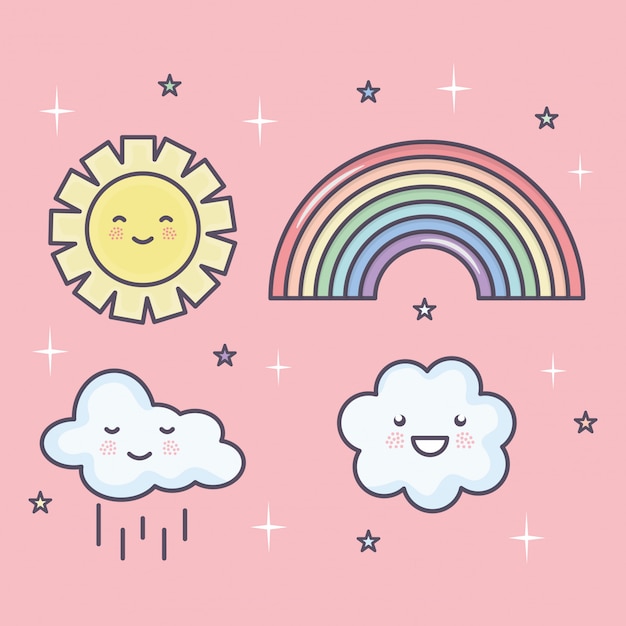 Lindo sol de verano y nubes con arco iris conjunto kawaii personajes