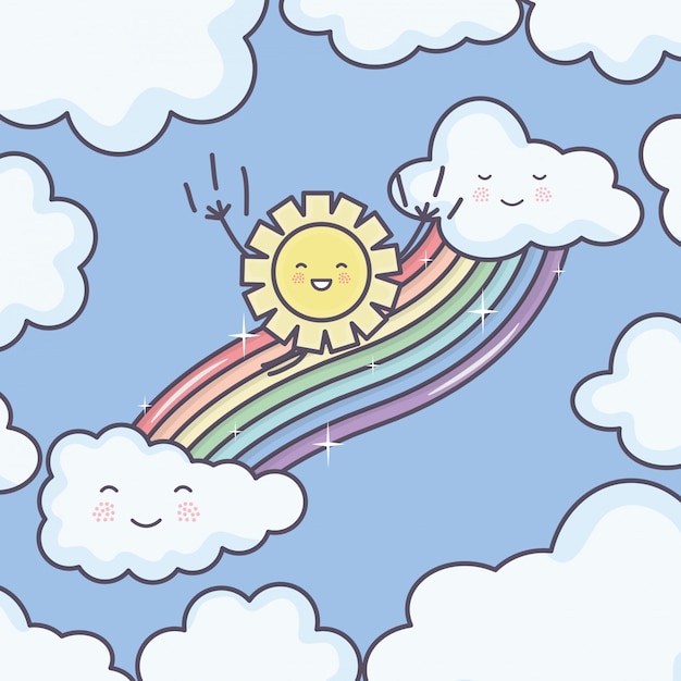Lindo sol de verano y nubes lluviosas con personajes kawaii arco iris
