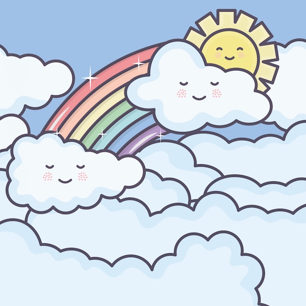 Vector gratuito lindo sol de verano y nubes con personajes de kawaii de arco iris