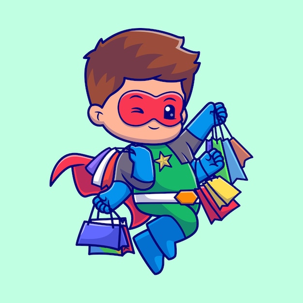 Lindo, super héroe, tenencia, bolsa de compras, caricatura, vector, icono, ilustración, gente, vacaciones, aislado, plano