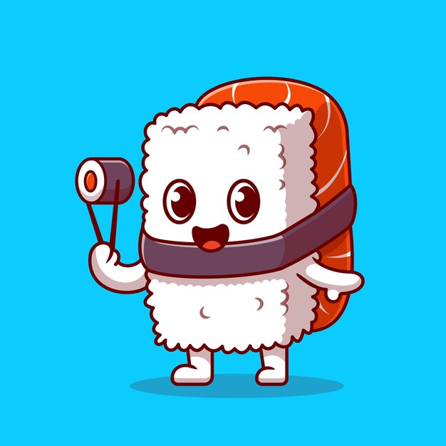 Lindo Sushi Salmón Con Chospsticks Icono Dibujos Animados Ilustración