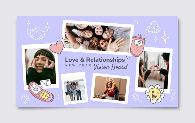 Lindo tablero de visión de año nuevo de amor y relaciones en colores pastel