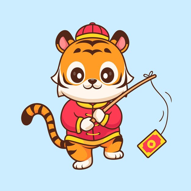 Lindo tigre chino pescando Angpao icono vectorial de dibujos animados Ilustración de animales icono de vacaciones aislado